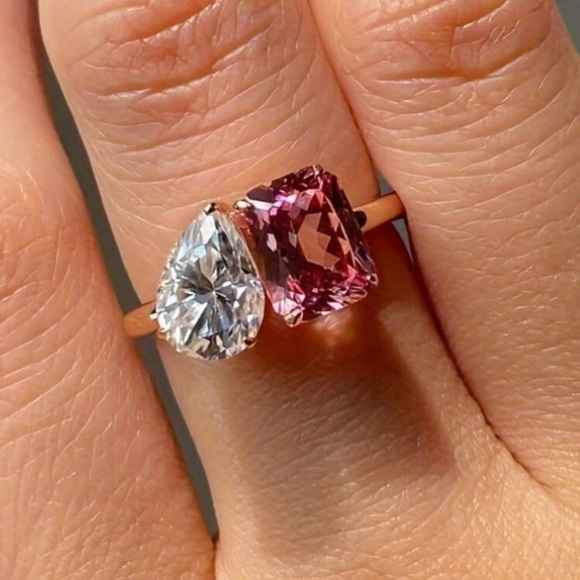 Elegant Pink and White Double Stone Ring - Picture 1 of 4